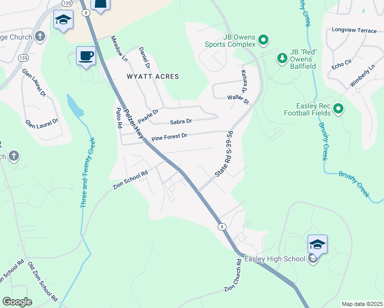 map of restaurants, bars, coffee shops, grocery stores, and more near 112 Linda Lane in Easley