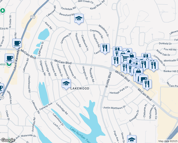 map of restaurants, bars, coffee shops, grocery stores, and more near 4509 Randolph Road in North Little Rock