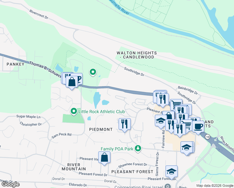 map of restaurants, bars, coffee shops, grocery stores, and more near 11800 Pleasant Ridge Road in Little Rock