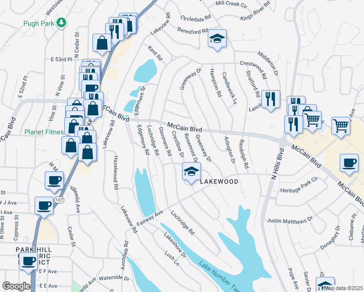 map of restaurants, bars, coffee shops, grocery stores, and more near 4524 Crestline Drive in North Little Rock