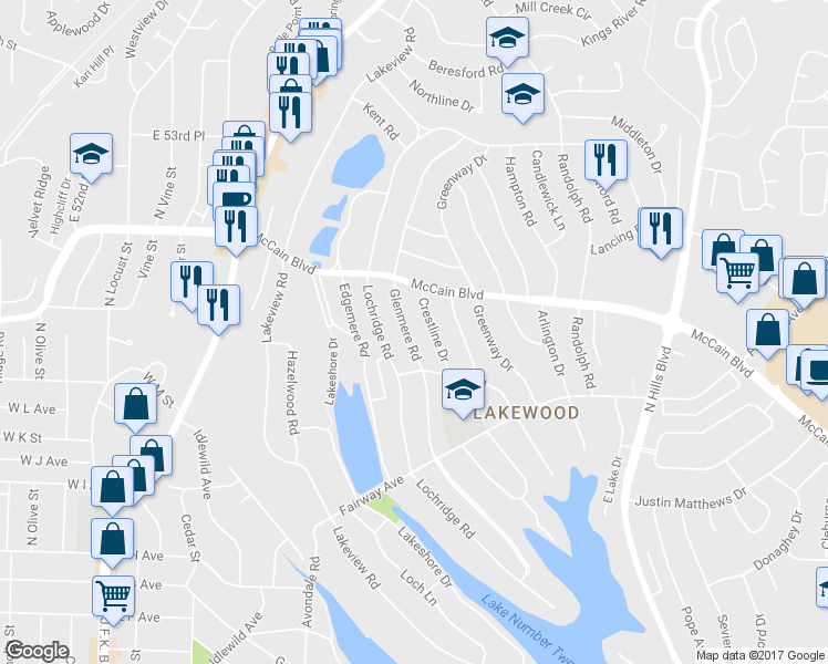 map of restaurants, bars, coffee shops, grocery stores, and more near 4600 Glenmere Road in North Little Rock