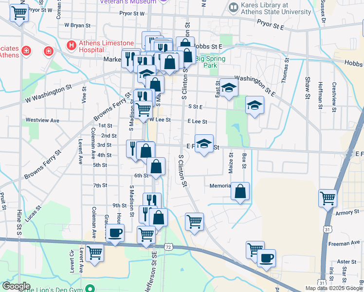 map of restaurants, bars, coffee shops, grocery stores, and more near 601 South Clinton Street in Athens