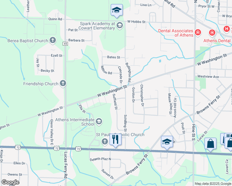 map of restaurants, bars, coffee shops, grocery stores, and more near 1307 W Washington St in Athens