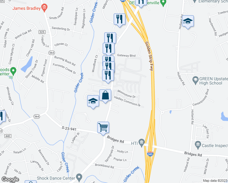 map of restaurants, bars, coffee shops, grocery stores, and more near 102 Auburn Top Lane in Mauldin