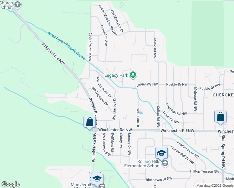 map of restaurants, bars, coffee shops, grocery stores, and more near 6040 Northwest Lincoya Drive in Huntsville