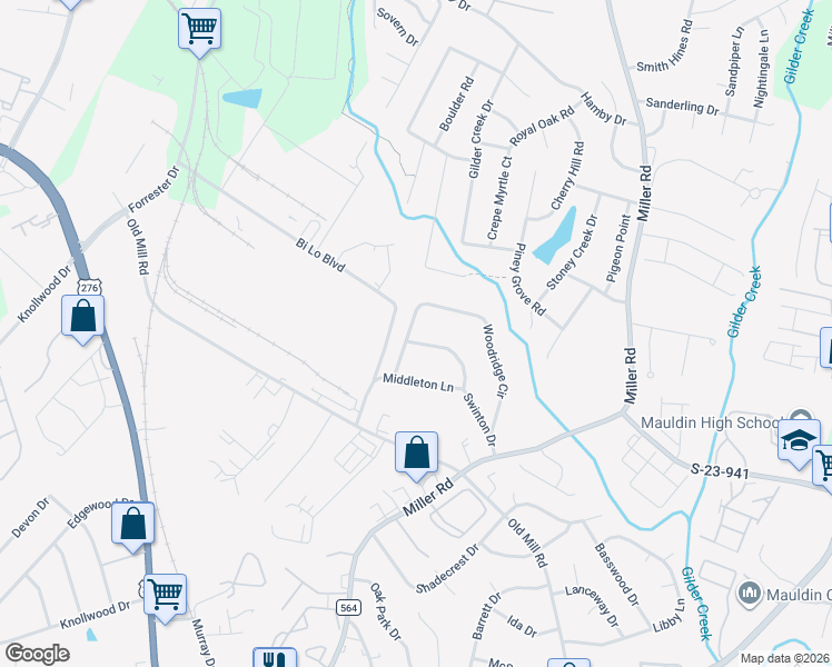 map of restaurants, bars, coffee shops, grocery stores, and more near 132 Swinton Drive in Greenville
