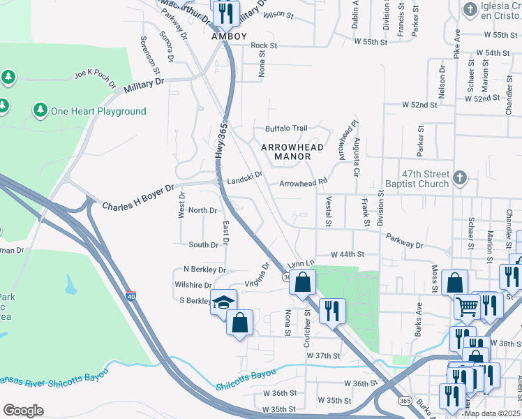 map of restaurants, bars, coffee shops, grocery stores, and more near 2200 Parkway Drive in North Little Rock