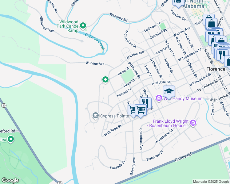 map of restaurants, bars, coffee shops, grocery stores, and more near 1100 Pruitt Street in Florence