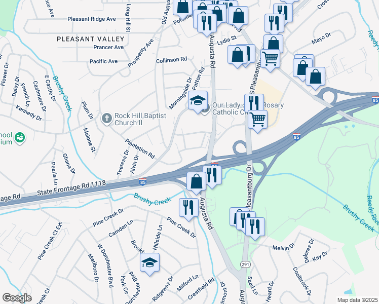 map of restaurants, bars, coffee shops, grocery stores, and more near 7 Williams Drive in Greenville