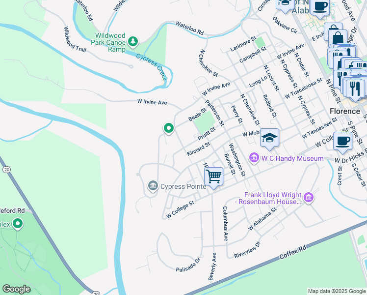 map of restaurants, bars, coffee shops, grocery stores, and more near 1100 Pruitt Street in Florence