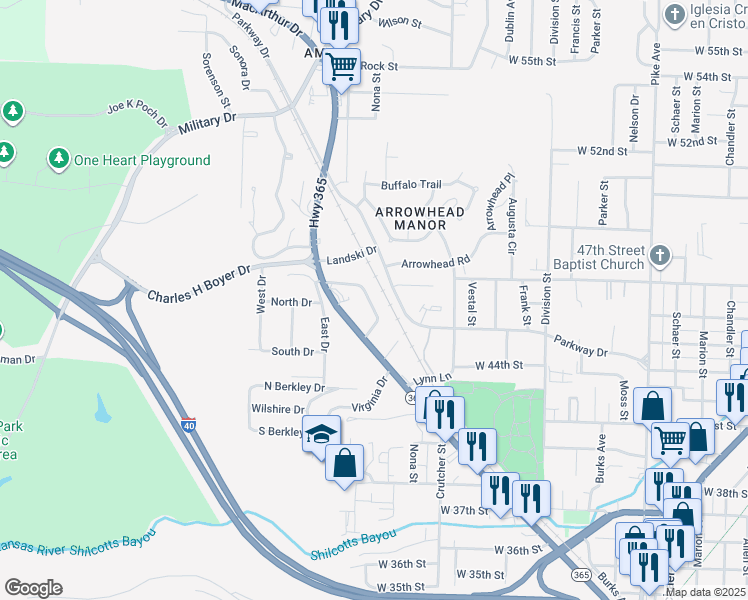 map of restaurants, bars, coffee shops, grocery stores, and more near 2200 Parkway Drive in North Little Rock