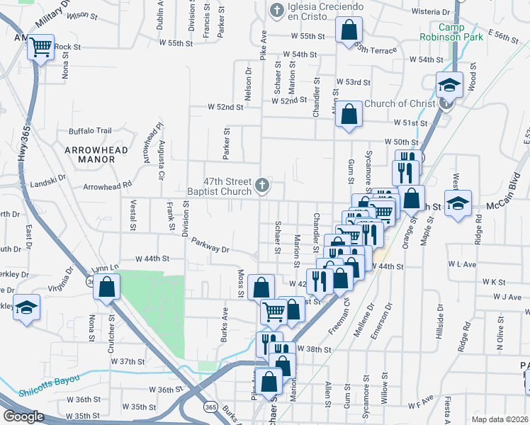 map of restaurants, bars, coffee shops, grocery stores, and more near 4605 Schaer Street in North Little Rock