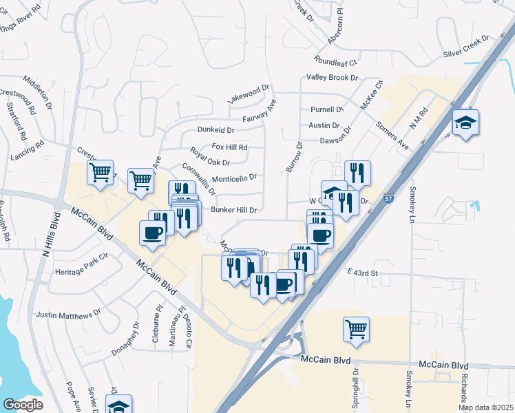 map of restaurants, bars, coffee shops, grocery stores, and more near 4209 Bunker Hill Drive in North Little Rock