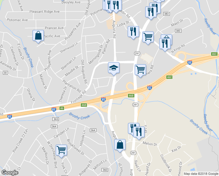 map of restaurants, bars, coffee shops, grocery stores, and more near 4002 Augusta Road in Greenville