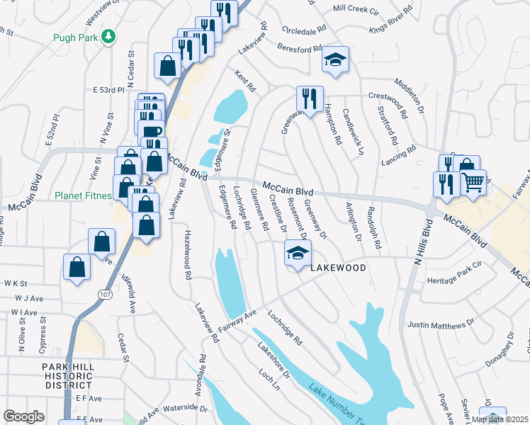 map of restaurants, bars, coffee shops, grocery stores, and more near 4600 Glenmere Road in North Little Rock