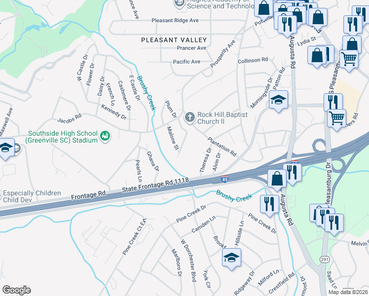 map of restaurants, bars, coffee shops, grocery stores, and more near 31 Dunlap Drive in Greenville