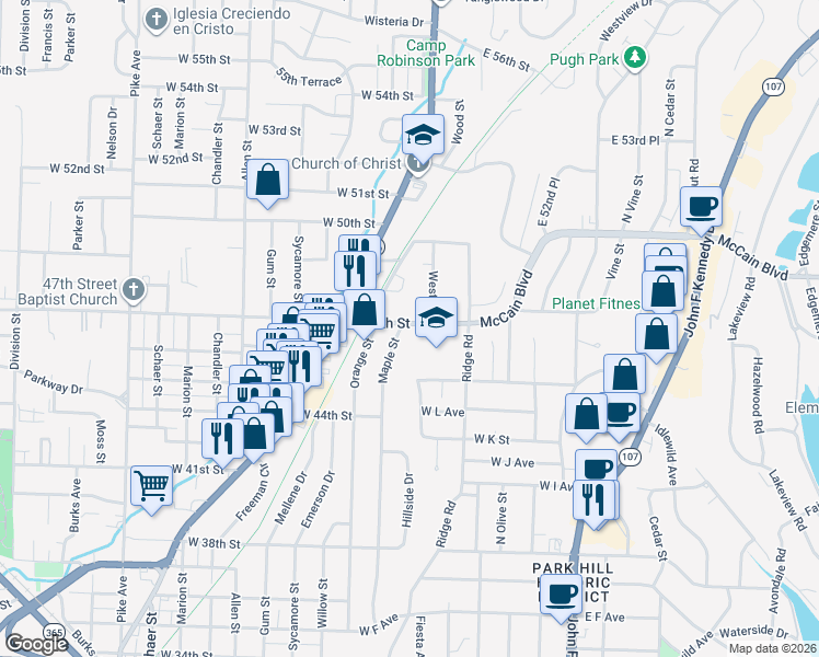 map of restaurants, bars, coffee shops, grocery stores, and more near 4624 Maple Street in North Little Rock