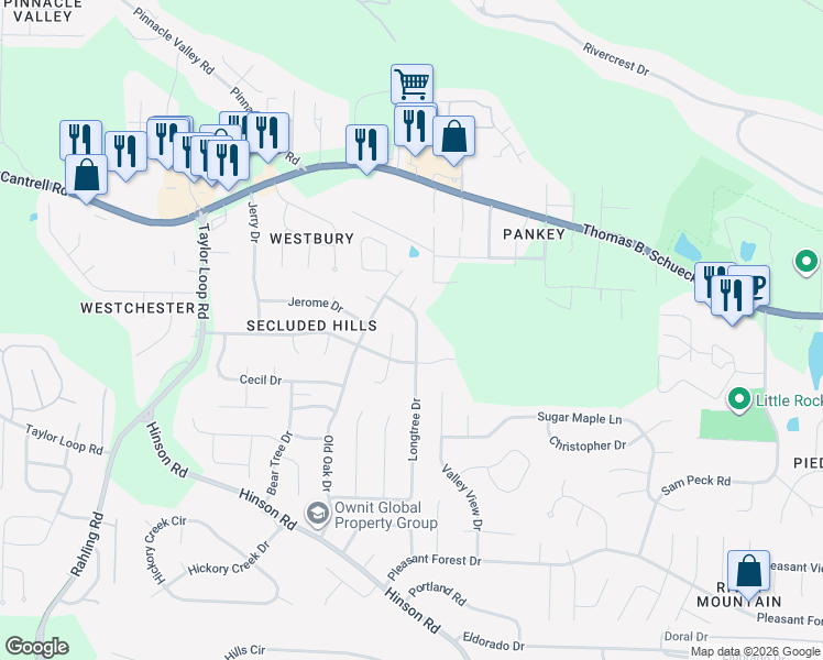 map of restaurants, bars, coffee shops, grocery stores, and more near 13604 Longtree Drive in Little Rock
