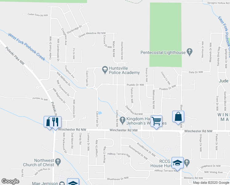 map of restaurants, bars, coffee shops, grocery stores, and more near 6111 Colfax Avenue Northwest in Huntsville