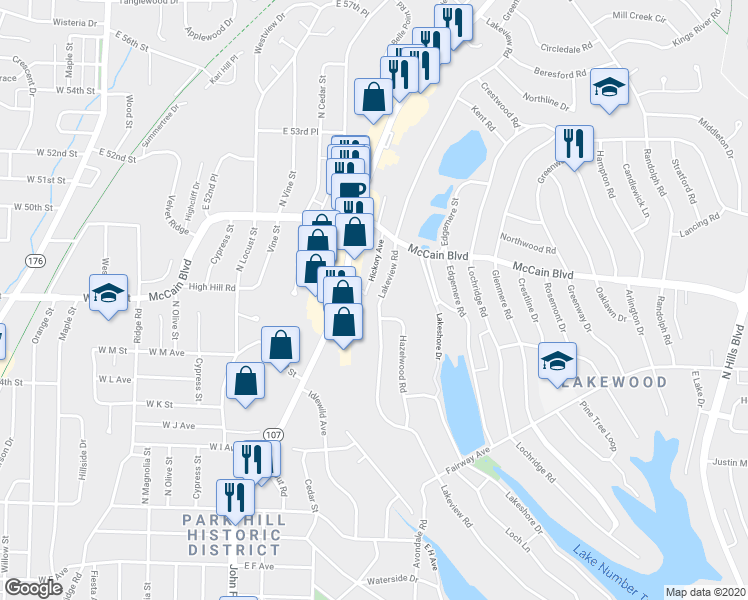 map of restaurants, bars, coffee shops, grocery stores, and more near 4609 Lakeview Road in North Little Rock