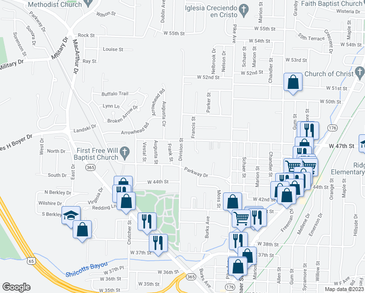 map of restaurants, bars, coffee shops, grocery stores, and more near 4614 Division Street in North Little Rock