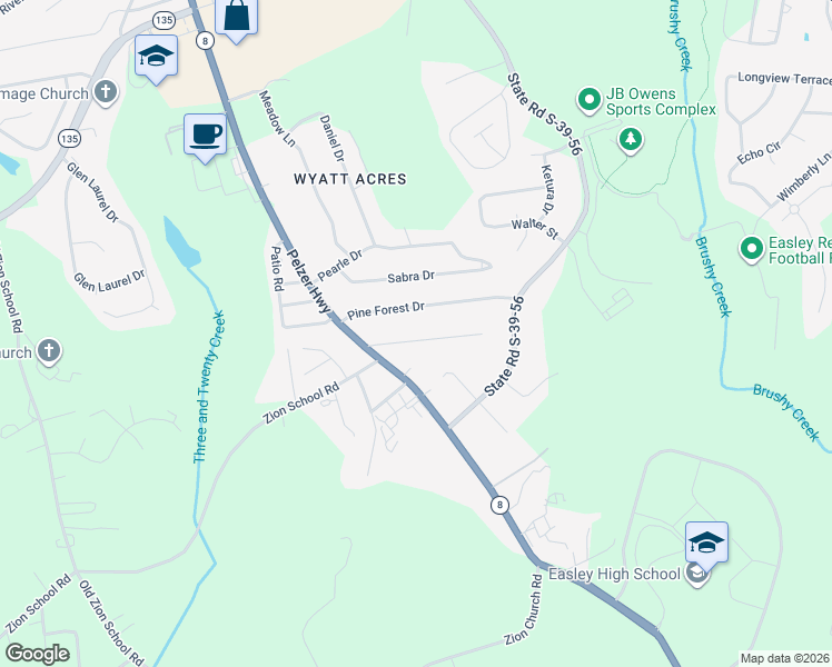 map of restaurants, bars, coffee shops, grocery stores, and more near 111 Linda Lane in Easley