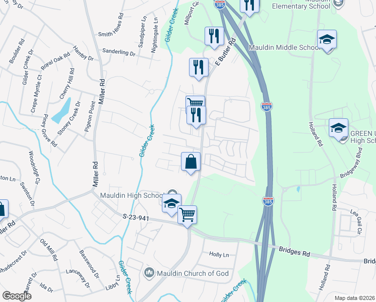map of restaurants, bars, coffee shops, grocery stores, and more near 771 East Butler Road in Mauldin