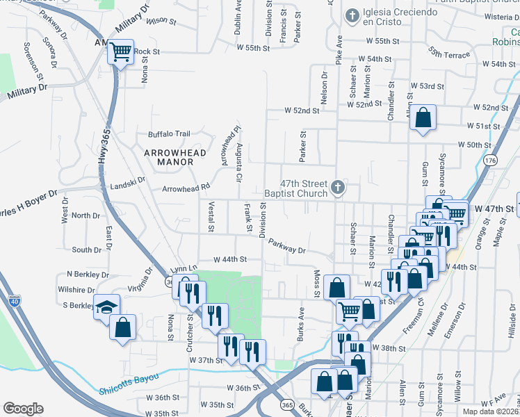 map of restaurants, bars, coffee shops, grocery stores, and more near 4524 Frank Street in North Little Rock