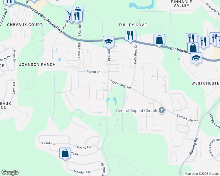 map of restaurants, bars, coffee shops, grocery stores, and more near 518 Garden Valley Loop in Little Rock