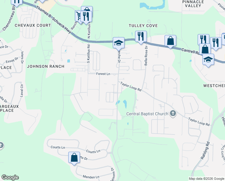 map of restaurants, bars, coffee shops, grocery stores, and more near 518 Garden Valley Loop in Little Rock