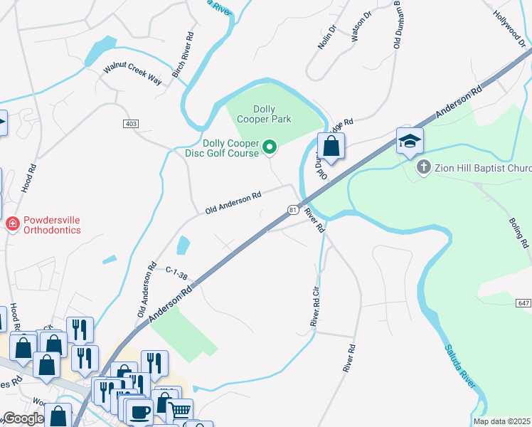 map of restaurants, bars, coffee shops, grocery stores, and more near 11801 Anderson Road in Powdersville