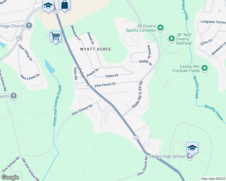 map of restaurants, bars, coffee shops, grocery stores, and more near 112 Linda Lane in Easley