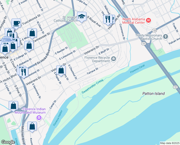 map of restaurants, bars, coffee shops, grocery stores, and more near 901 Terrace Street in Florence