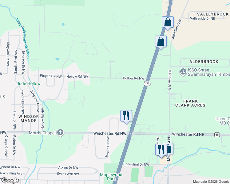 map of restaurants, bars, coffee shops, grocery stores, and more near 2028 Ricky Road in Huntsville