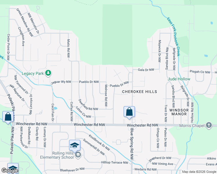 map of restaurants, bars, coffee shops, grocery stores, and more near 6113 Melrose Road Northwest in Huntsville