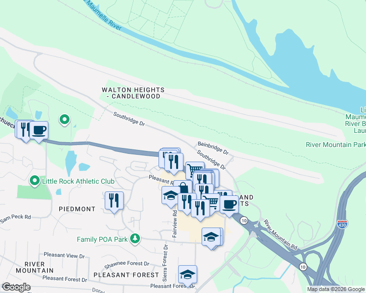 map of restaurants, bars, coffee shops, grocery stores, and more near 11653 Southridge Drive in Little Rock