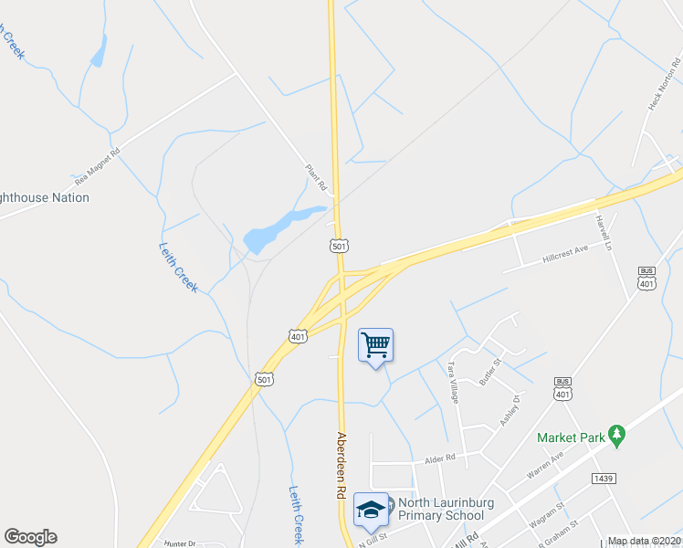 map of restaurants, bars, coffee shops, grocery stores, and more near US-15 & US-501 BUS in Laurinburg