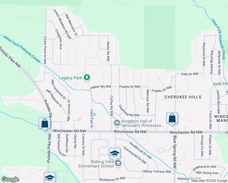 map of restaurants, bars, coffee shops, grocery stores, and more near 3215 Deerfield Road Northwest in Huntsville