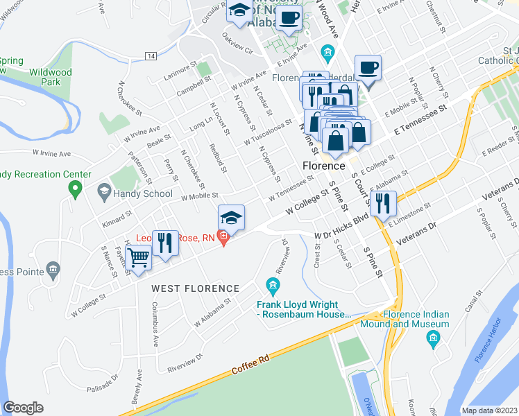 map of restaurants, bars, coffee shops, grocery stores, and more near 106 South Locust Street in Florence