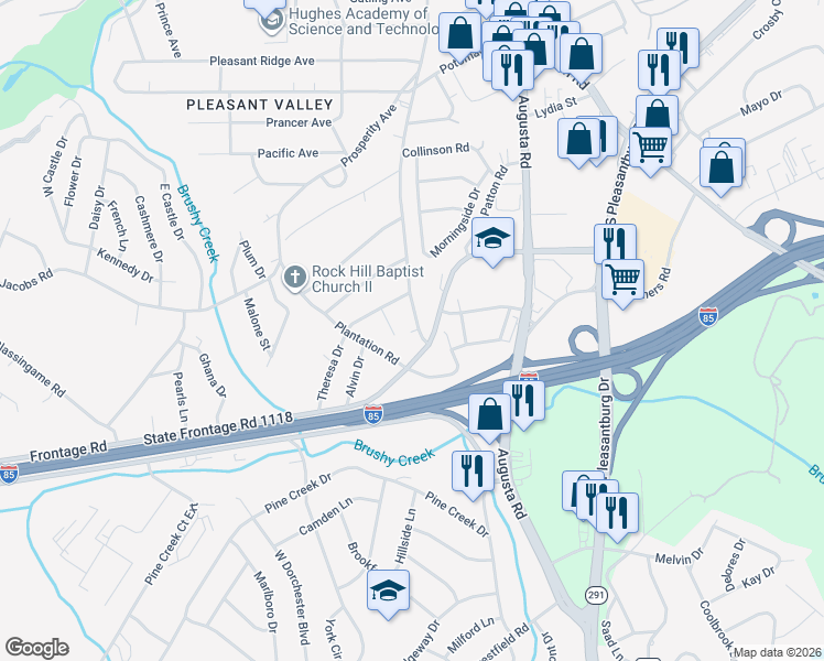 map of restaurants, bars, coffee shops, grocery stores, and more near 624 Old Augusta Road in Greenville