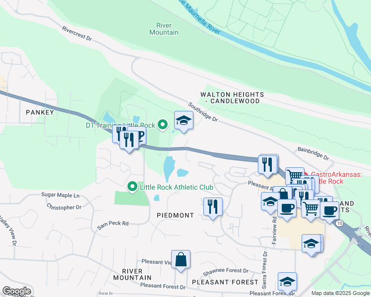 map of restaurants, bars, coffee shops, grocery stores, and more near 12921 Cantrell Road in Little Rock