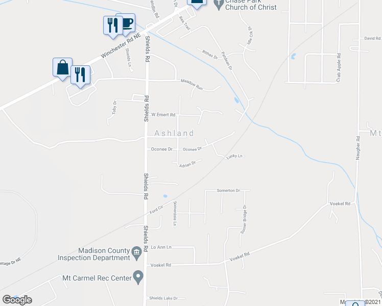 map of restaurants, bars, coffee shops, grocery stores, and more near 204 Oconee Drive in Huntsville