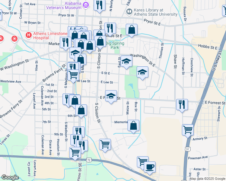 map of restaurants, bars, coffee shops, grocery stores, and more near 510 East Street in Athens