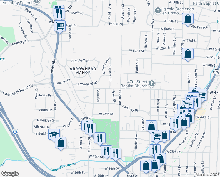 map of restaurants, bars, coffee shops, grocery stores, and more near 4704 Augusta Circle in North Little Rock