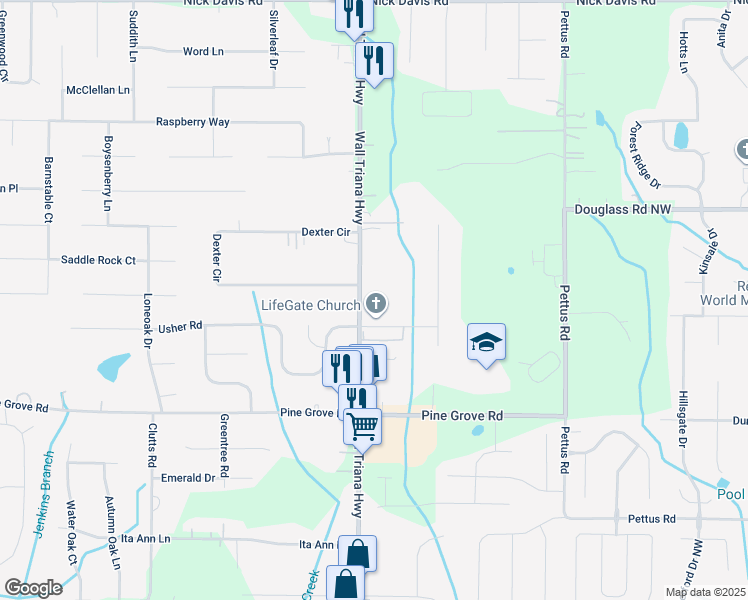 map of restaurants, bars, coffee shops, grocery stores, and more near 7307 Wall Triana Highway in Madison
