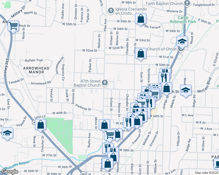 map of restaurants, bars, coffee shops, grocery stores, and more near 1002 West 48th Street in North Little Rock