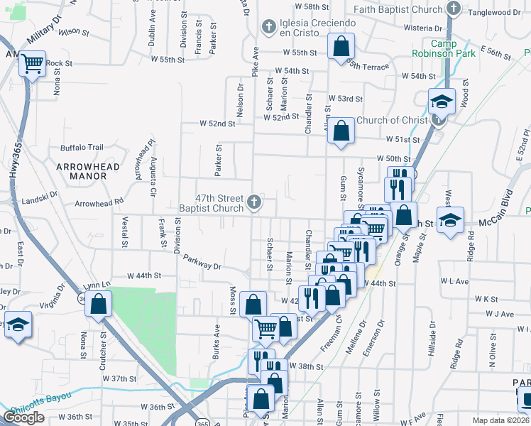 map of restaurants, bars, coffee shops, grocery stores, and more near 1002 West 48th Street in North Little Rock