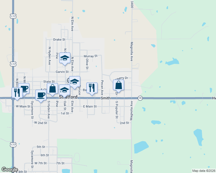 map of restaurants, bars, coffee shops, grocery stores, and more near 331 North Pecan in Stratford