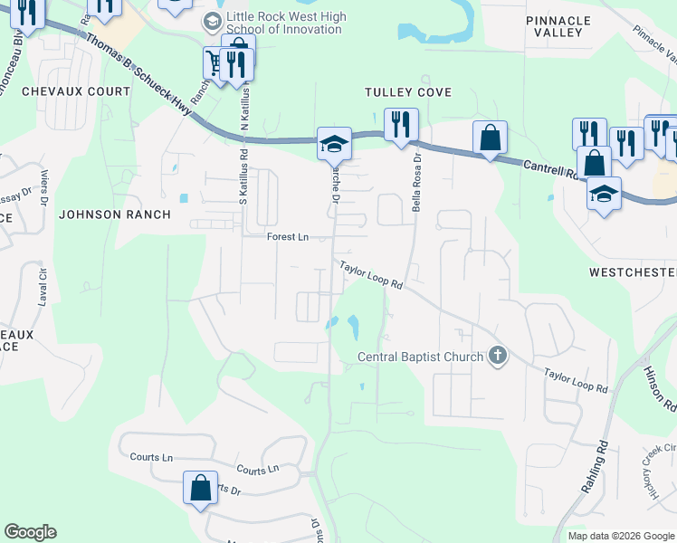 map of restaurants, bars, coffee shops, grocery stores, and more near 11 Garden Valley Lane in Little Rock