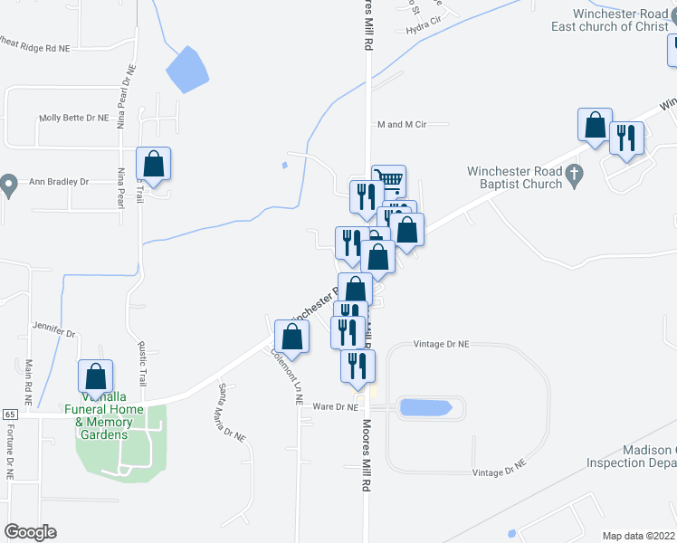 map of restaurants, bars, coffee shops, grocery stores, and more near Marcus Byers Drive Northeast in Huntsville